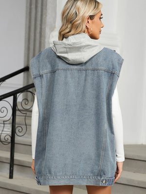 Light wash denim hooded sleeveless utility vest with a grey hood.