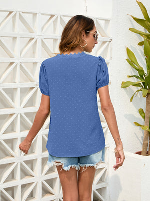 Dusty Blue Dotted Swiss Puff Sleeve Lace Trim Top with V-neck