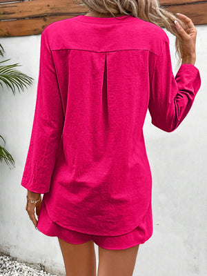 Hot Pink Linen Henley & Drawstring Short Set with back pleat detail.