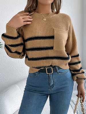 Caramel striped knit sweater with a chest pocket and crew neck.