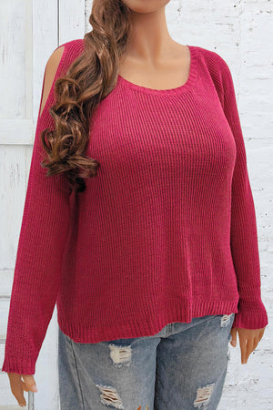 Deep Red open shoulder ribbed knit pullover sweater with long sleeves.