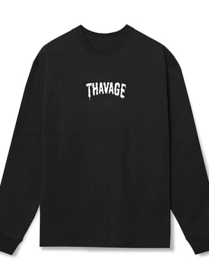 Black long sleeve t-shirt with white dripped logo graphic on chest