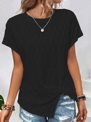 Black textured knot-front asymmetric tee with short sleeves and a crew neck.