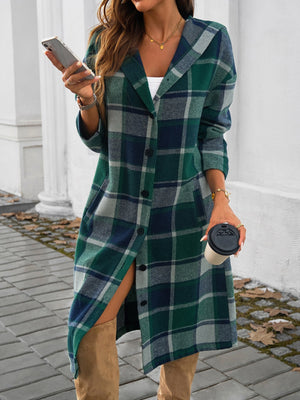 Green plaid hooded duster coat with button front and side slit
