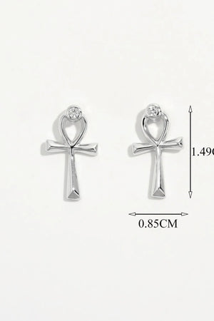 Silver ankh stud earrings with zircon detail