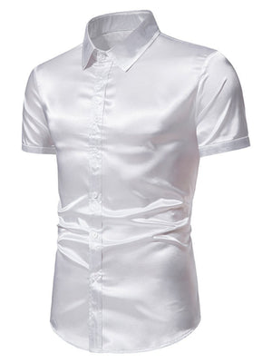 Men's white satin finish short sleeve button-up shirt with a classic collar.