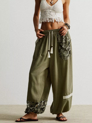 Moss harem pants with drawstring, lace trim pockets and hem