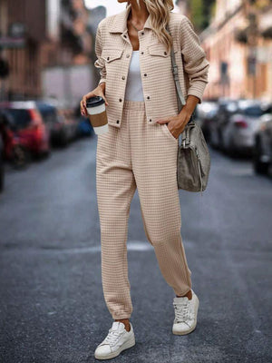 Quilted co-ord jacket and joggers set in tan, featuring a button-up jacket with pockets and elasticated waist joggers.