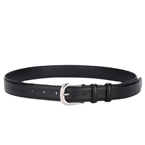 Black cowhide leather slim belt with silver buckle and keeper loop.