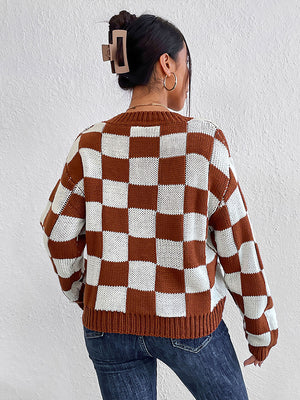 Checkerboard knit crewneck pullover sweater in chestnut and white acrylic.
