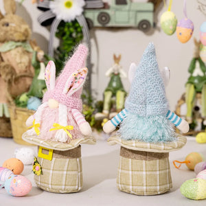 Easter gnomes in light blue and blush pink with bunny ears and plaid bases.