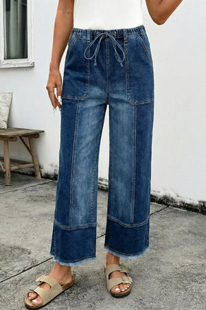 Drawstring Raw Hem Wide Leg Denim Pants, fabric detail