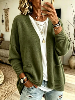 Open Front Knit Cardigan With Pockets in Army Green, fabric detail
