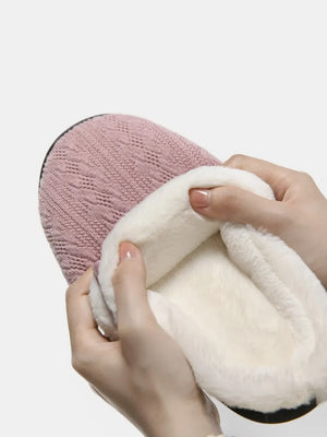 Dusty Pink cable knit house slippers with plush shearling lining.