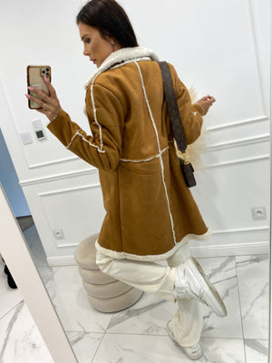 Camel suede effect overcoat with shearling trim and collar, paneled design