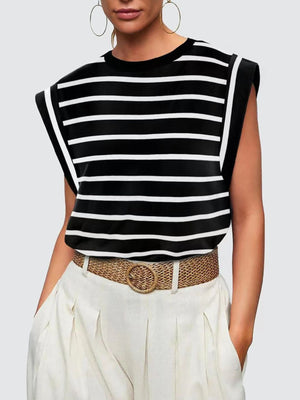 Black and white striped sleeveless tank top with padded shoulders.