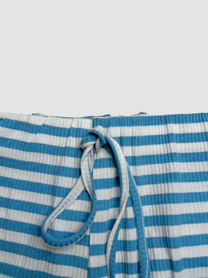 Blue and white striped knit drawstring pants detail