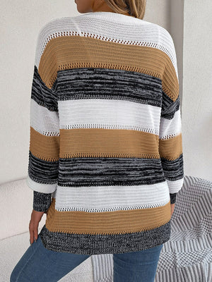 Horizontal stripe open-front knit cardigan in camel, white, and black acrylic with open knit details.