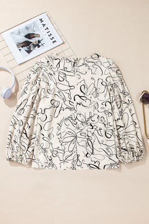 Ivory abstract scribble blouse with balloon sleeves