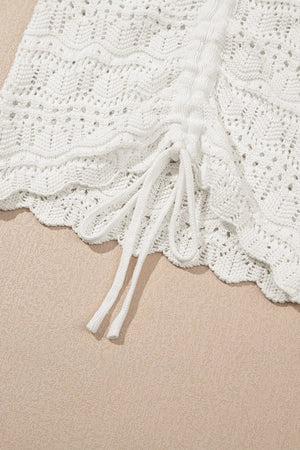 White crochet tank top with ruched front and drawstring detail