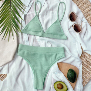 Light green ribbed triangle bikini with high-waist brief