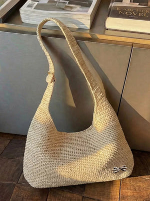 Woven Casual Beach Shoulder Bag in Ivory, side view