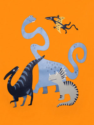 Toddler t-shirt with a playful dinosaur graphic in blue, grey, and black on an orange background.