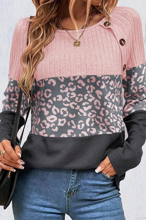 Colorblock leopard ribbed knit top in blush pink, gray, and black with button detail.