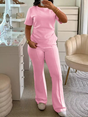 Round Neck Short Sleeve Top And Pants Set in Pink Purple, side view