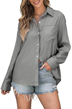Oversized gray stripe button-up shirt with a pocket, worn casually with denim shorts.