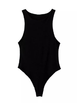 Black round neck sleeveless bodysuit with a thong bottom.