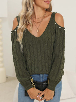Army green cable knit sweater with cold shoulder and button detail