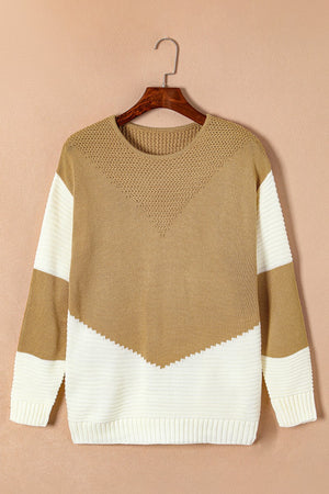Chroma Chic Roundneck Knit sweater in tan and white colorblock, acrylic knit with chevron detail.
