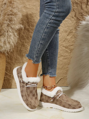 Southwestern print faux fur lined loafers in Taupe with white laces and trim.