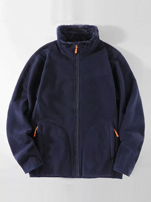 Navy fleece lined full zip sweatshirt with faux fur collar and orange zipper accents.