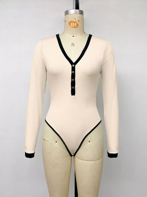 Ribbed V-neck Long Sleeve Bodysuit in Tan, fabric detail