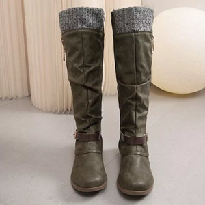 Matcha green suede slouch knee-high boots with knit detail and buckle strap.