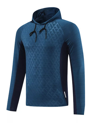 Men's Ink Blue geometric hooded sweatshirt with drawstring and contrasting side panels.