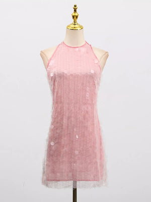 Pink iridescent sequin halter mini dress with a sheer overlay.