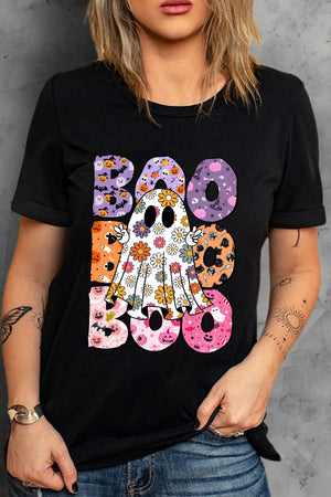 Black t-shirt with floral ghost and colorful "Boo" Halloween graphic.