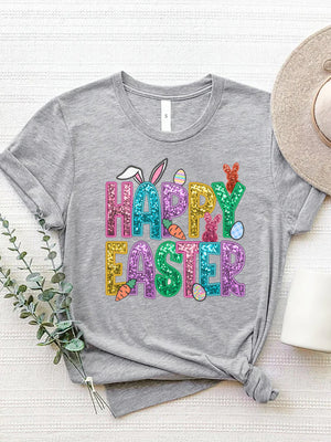 Gray t-shirt with glittery Happy Easter graphic featuring bunnies, carrots, and eggs.