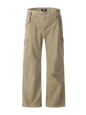 Khaki distressed utility wide-leg cargo pants with multiple pockets.