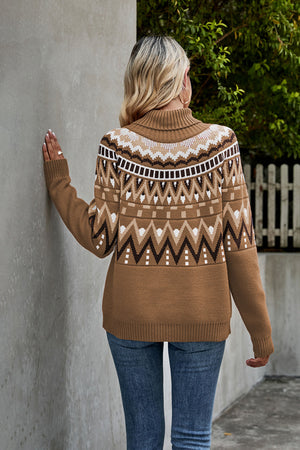 Geometric knit turtleneck sweater in camel with fair isle pattern and ribbed cuffs.