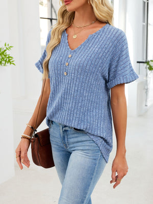 Dusty Blue ribbed knit short sleeve t-shirt with decorative buttons and a V-neck.