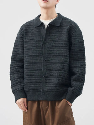 Men's dark gray ribbed knit button-down cardigan with a collar, acrylic material.