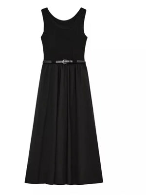 Black midi dress with a fitted bodice, belted waist, and flowing skirt