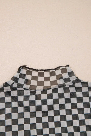 Plaid Stand Neck Long Sleeve Mesh Top, fit detail