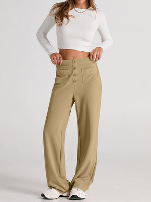 Button-front palazzo trousers in camel with patch pockets and a wide leg.