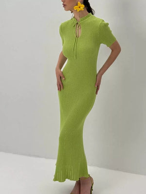 Lime green knitted mermaid dress with tie neckline and short sleeves