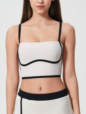 White crop top with black trim and spaghetti straps
